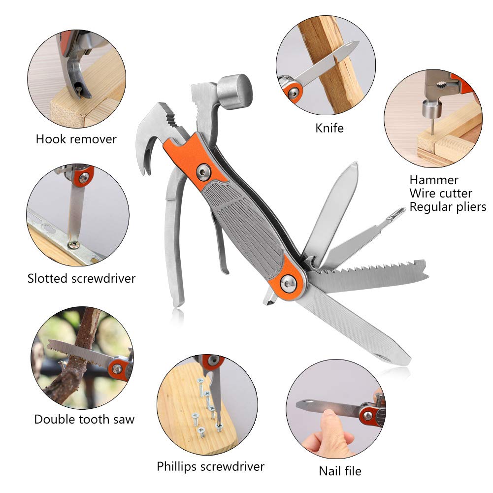 Emergency Hammer Pliers, 12 in 1 Multitool Stainless Steel Survival Kit Multifunction Car Tool With Hammer, Saw,Knife, Screwdriver for Outdoor Camping -Best Father’s Day Gift(Orange)