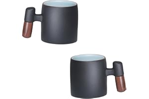 SLIRYG Ceramic Espresso Cups Set of 2, Small Coffee Cups with Wooden Handle, 2.4oz Demitasse Cups, Ceramic Tea Cups (Black)