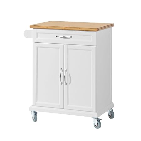 SoBuy® FKW13-WN Küchenwagen mit Bambustischplatte, Küchenschrank, Kücheninsel, weiß, BHT ca.: 66x91x46cm