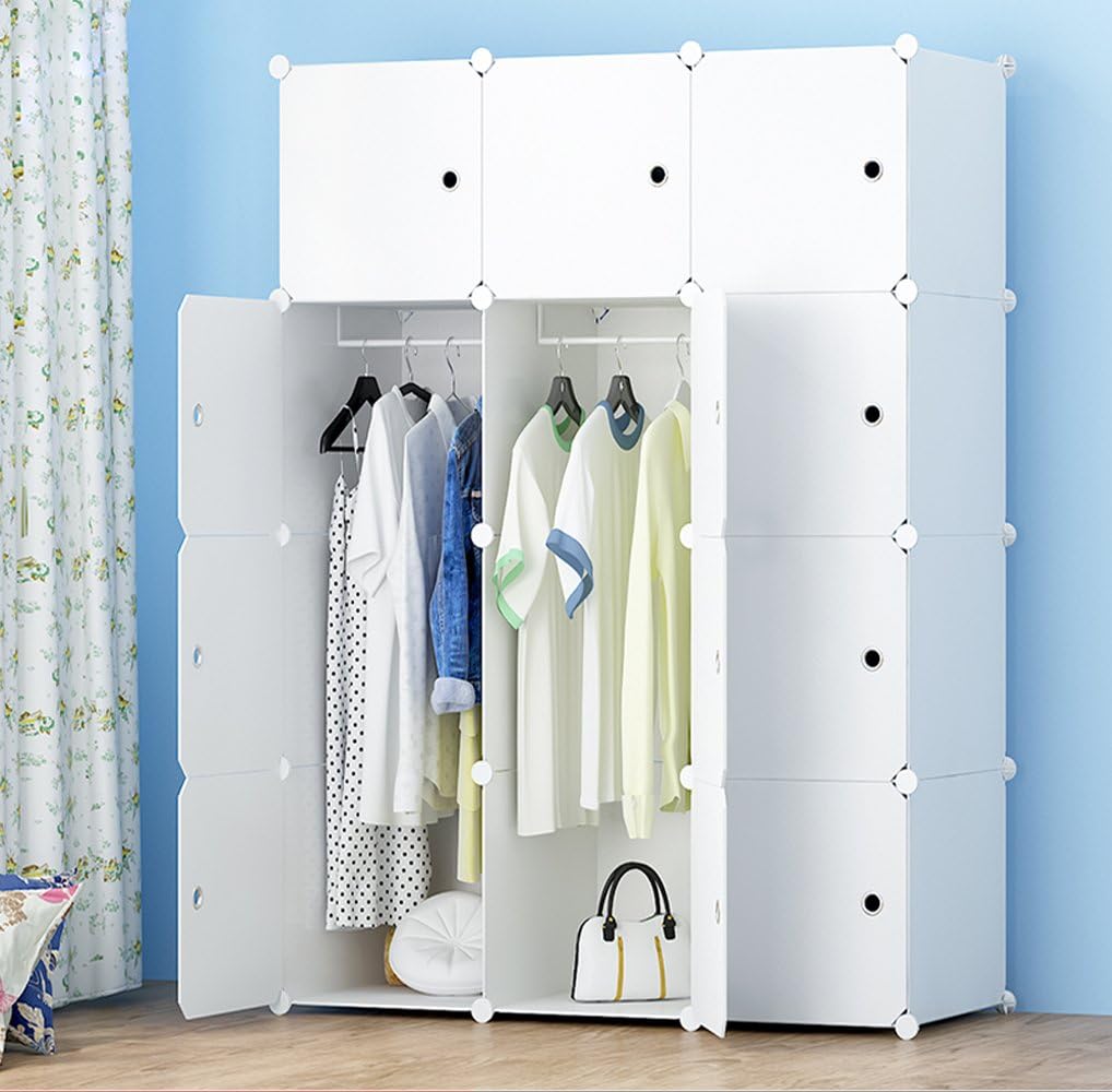 ETTBJA DIY Portable Wardrobe Modular Clothes Storage Organizer Multi-Purpose Storage Unit With Stickers(12Cubes 2 Hanger Sections)
