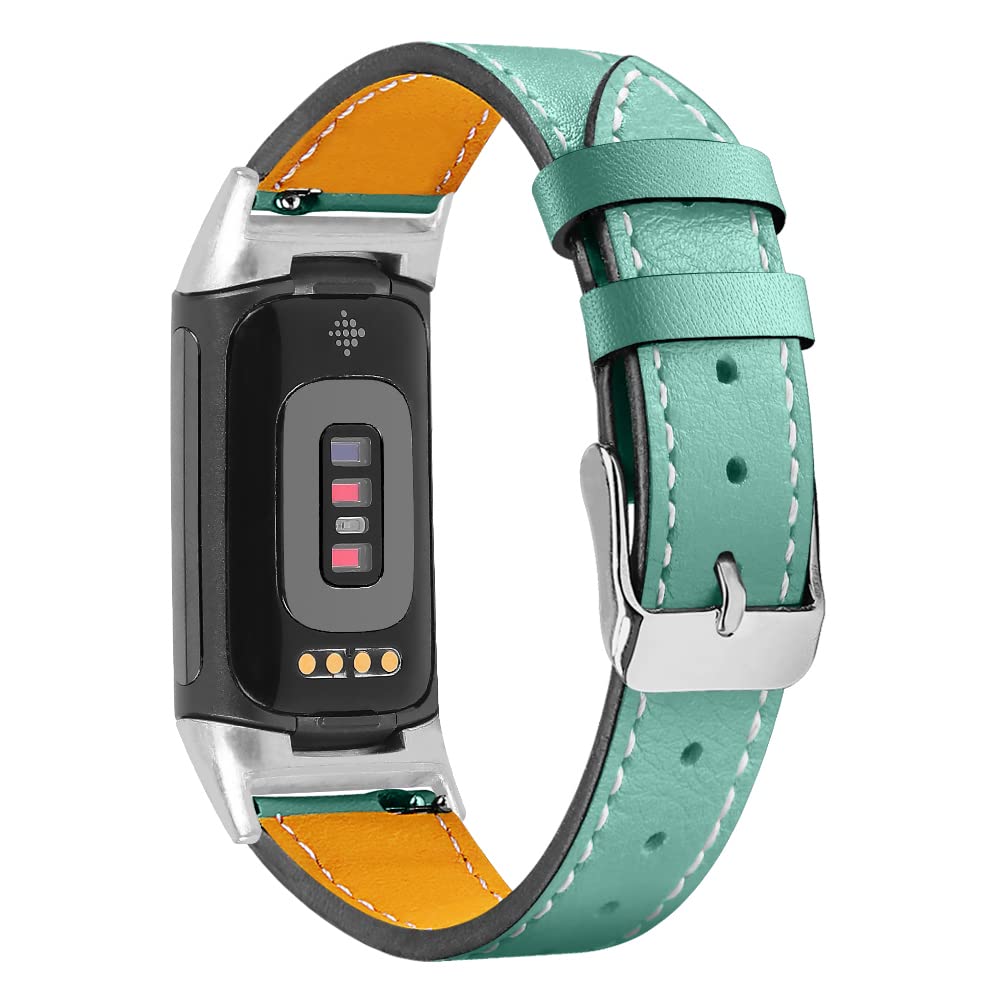 AISPORTS Leather Strap Compatible with Fitbit Charge 6/5 Strap for Women Men, Soft Breathable Leather Sport Wristband Metal Buckle Clasp Bracelet Replacement Band for Fitbit Charge 6/5