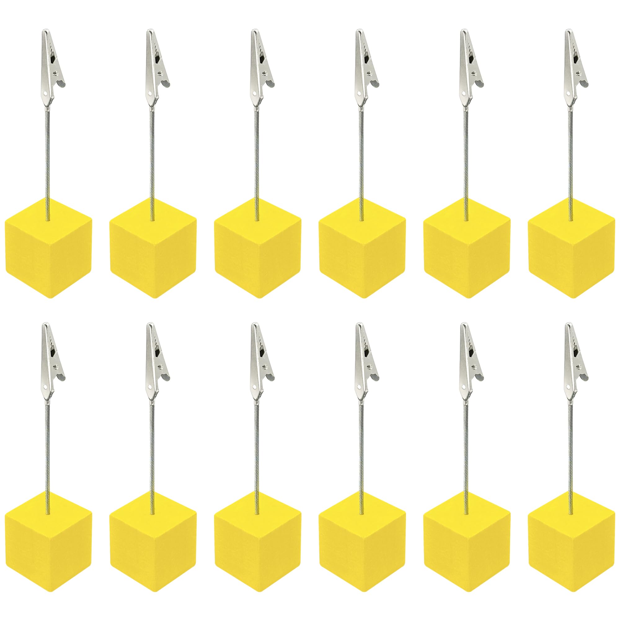 12 PCS Memo Holders with Wooden Base,Yellow Place Card Holders Standing Photo Memo Clips (30mm)