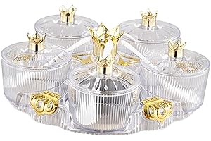 Divided Serving Tray with Lid 5 Compartment Snack Dishes Set Rotating Seasoning Jar Dry Fruit Holder for Candy Nuts- Clear