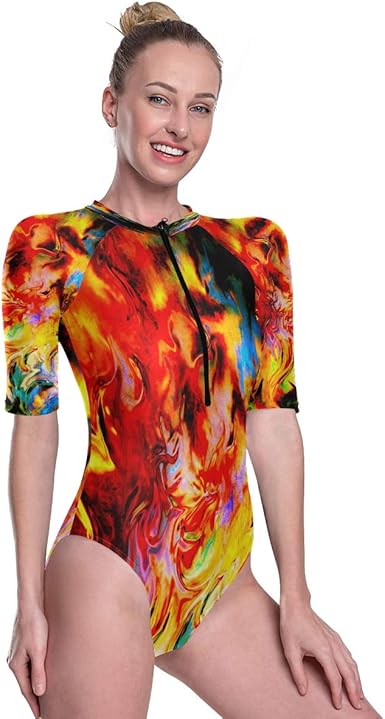 Women S One Piece Short Sleeve Rashguard Surf Swimsuit Unique Flames Tie Dye Bathing Suit At Amazon Women S Clothing Store