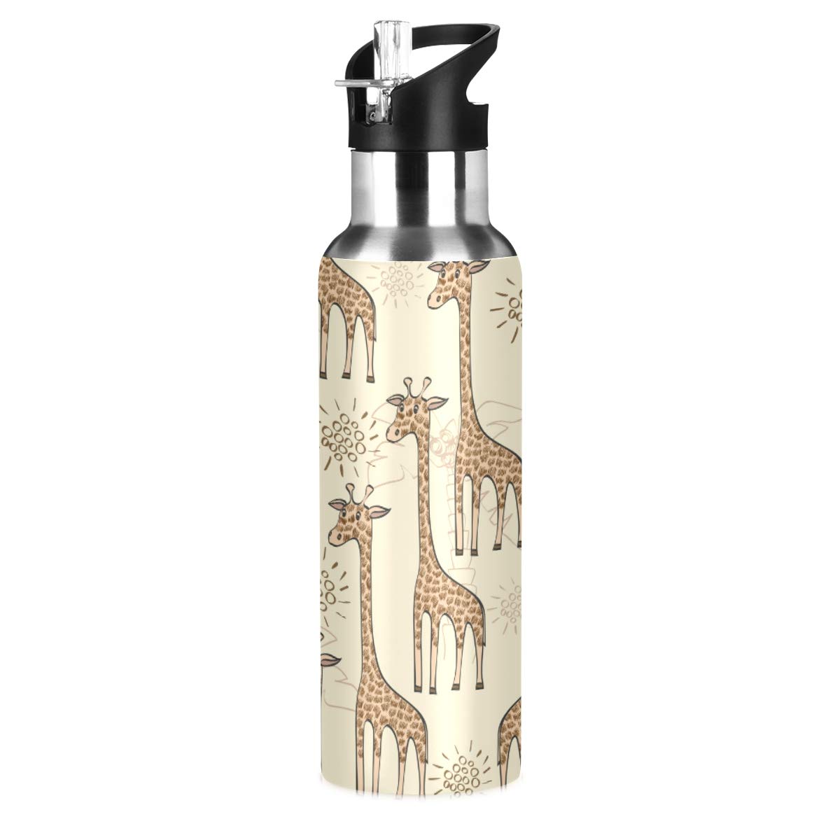 ALAZA Stainless Steel Water Bottle with Straw, Animal Cute Giraffe Insulated Drink Flask Sports Water Bottle for Kids Adults, Leakproof, 600ml