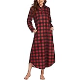 Ekouaer Women's Nightgown Long Sleeve Nightshirt Full Length Loungewear Plaid Sleepwear With Pockets