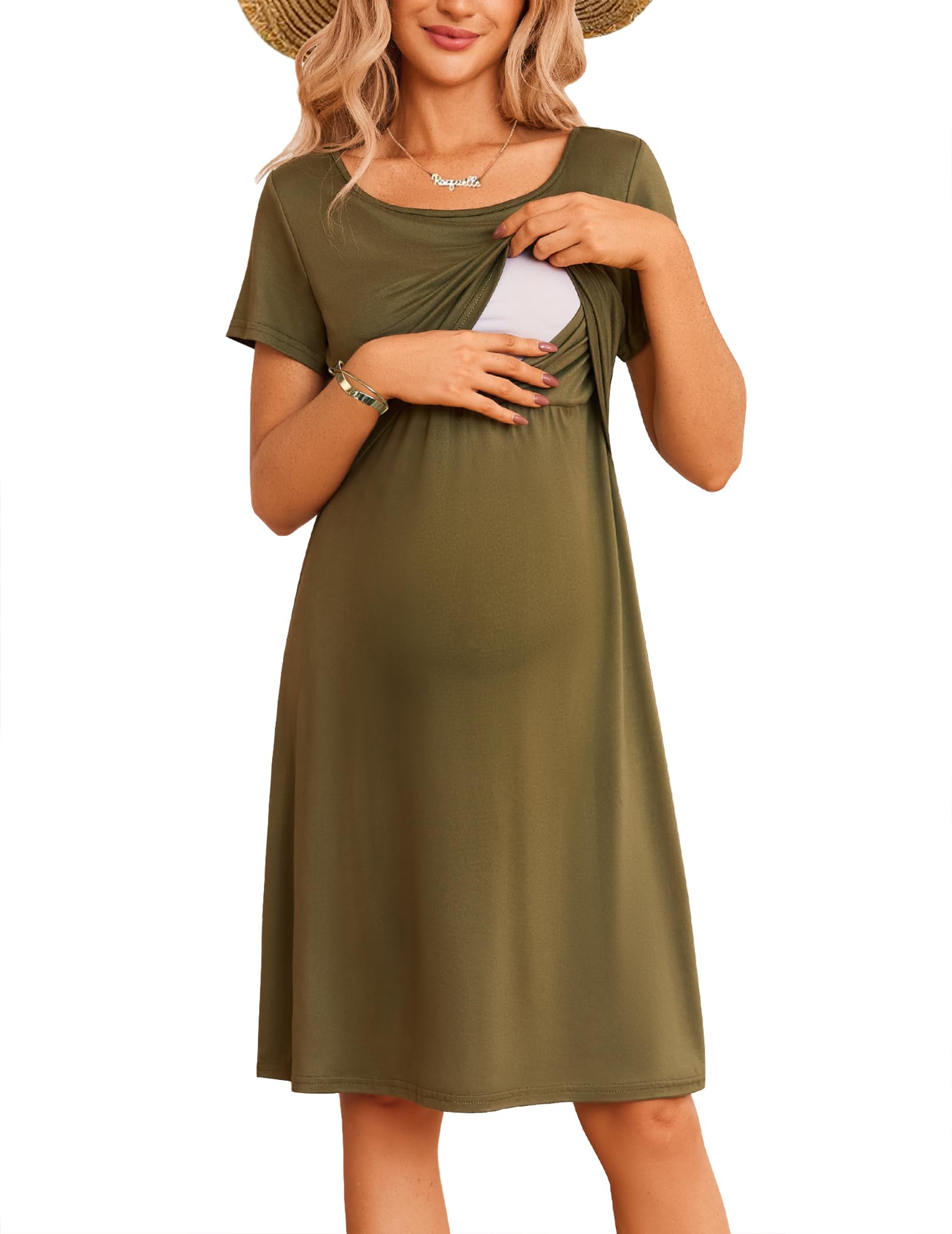Photo 1 of Ekouaer Maternity Nursing Dress for Women Short Sleeve Patchwork Breastfeeding Dress Summer Pregnancy Knee Length Dress Army Green