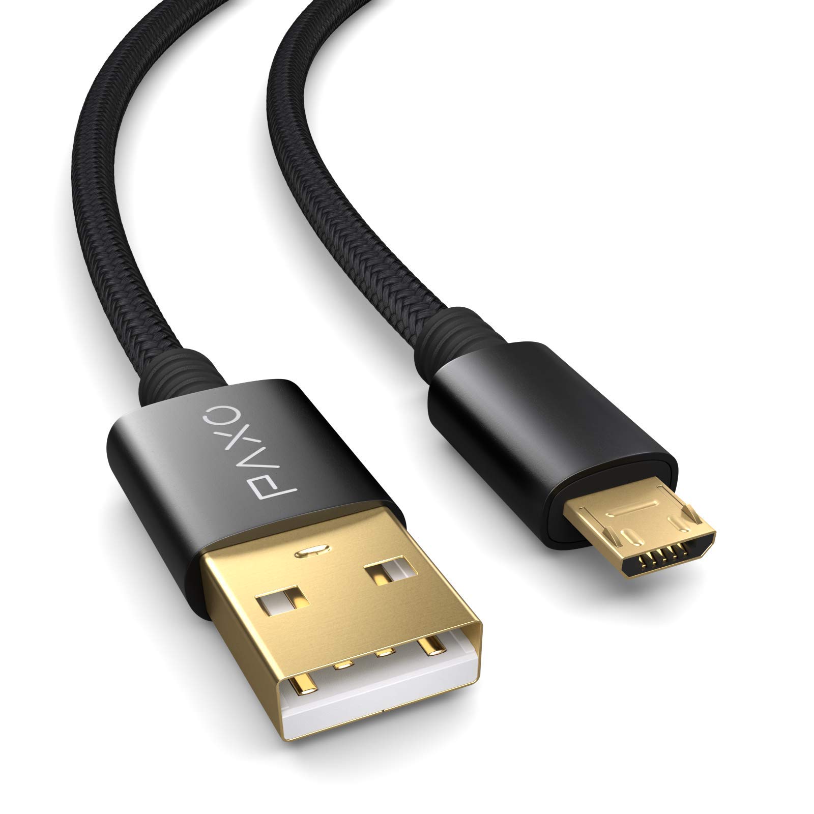 5m nylon micro USB cable black, USB to micro USB charging cable, gold connectors, elegant aluminum plugs, fabric sheath & hook and loop strap