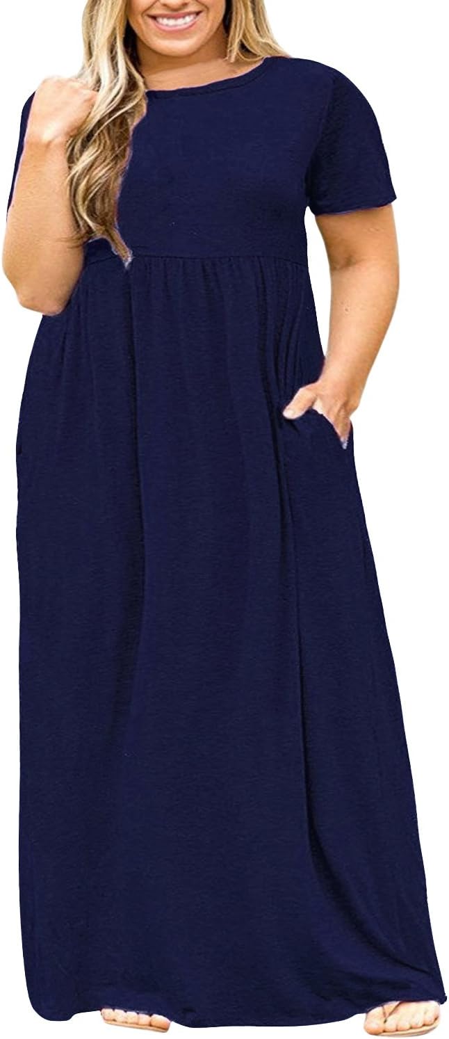 Women Short Sleeve Loose Plain Casual Plus Size Long Maxi Dress with Pockets