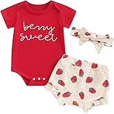 Newborn Baby Girl Summer Shorts Set Little Cutie/Berry Sweet Short Sleeve Romper Orange/Strawberry Shorts Outfit