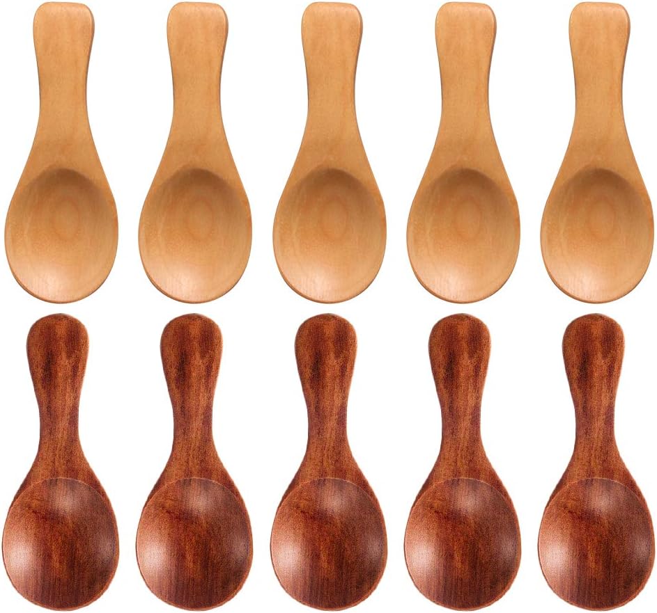 Small Wooden Salt Spoon, 10pcs Mini Wood Spoon with Short Handle Perfect for Small Jars of Jam Spices Condiments Seasoning Sugar Honey Coffee Tea Mustard Ice Cream Milk Powder