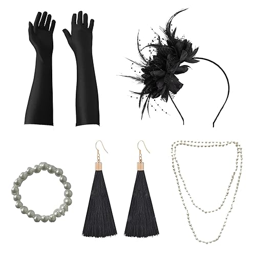 VGRDTW 1920s Accessories for Women, 5P Set with Feather Headdress, Gloves, Pearl Necklace, Bracelet & Earrings, Modern Vintage Design for 20s Parties, Cosplay, 1920s Headband Accessories