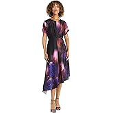 Maggy London Women's Dresses Women's Sophisticated Midi Dress - Asymmetrical Hemline with Dolman Sleeves - Elegant Cocktail Dresses, Black/Peacock Pink, 8