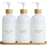 Shampoo and Conditioner Dispenser Set - Shampoo Conditioner Body Wash Dispenser with Bamboo Pump - Shower Soap Dispenser for Bathroom Decor, Hotel, Airbnb, 9 Waterproof Stickers (White)