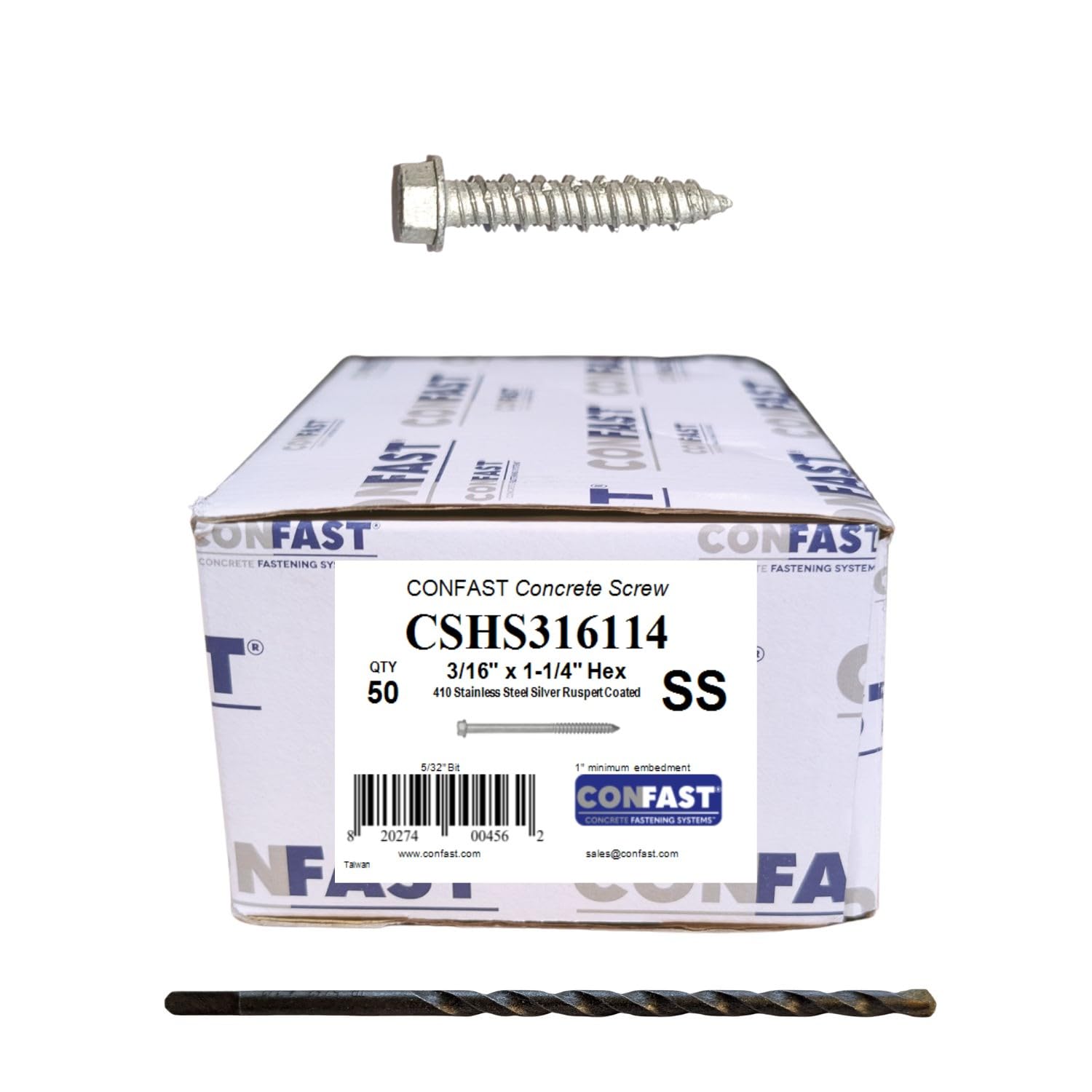 CONFAST 3/16" x 1-1/4" Concrete Screws 410 Stainless Steel Hex with Concrete Drill Bit for Anchoring to Masonry, Block or Brick (50 per Box)