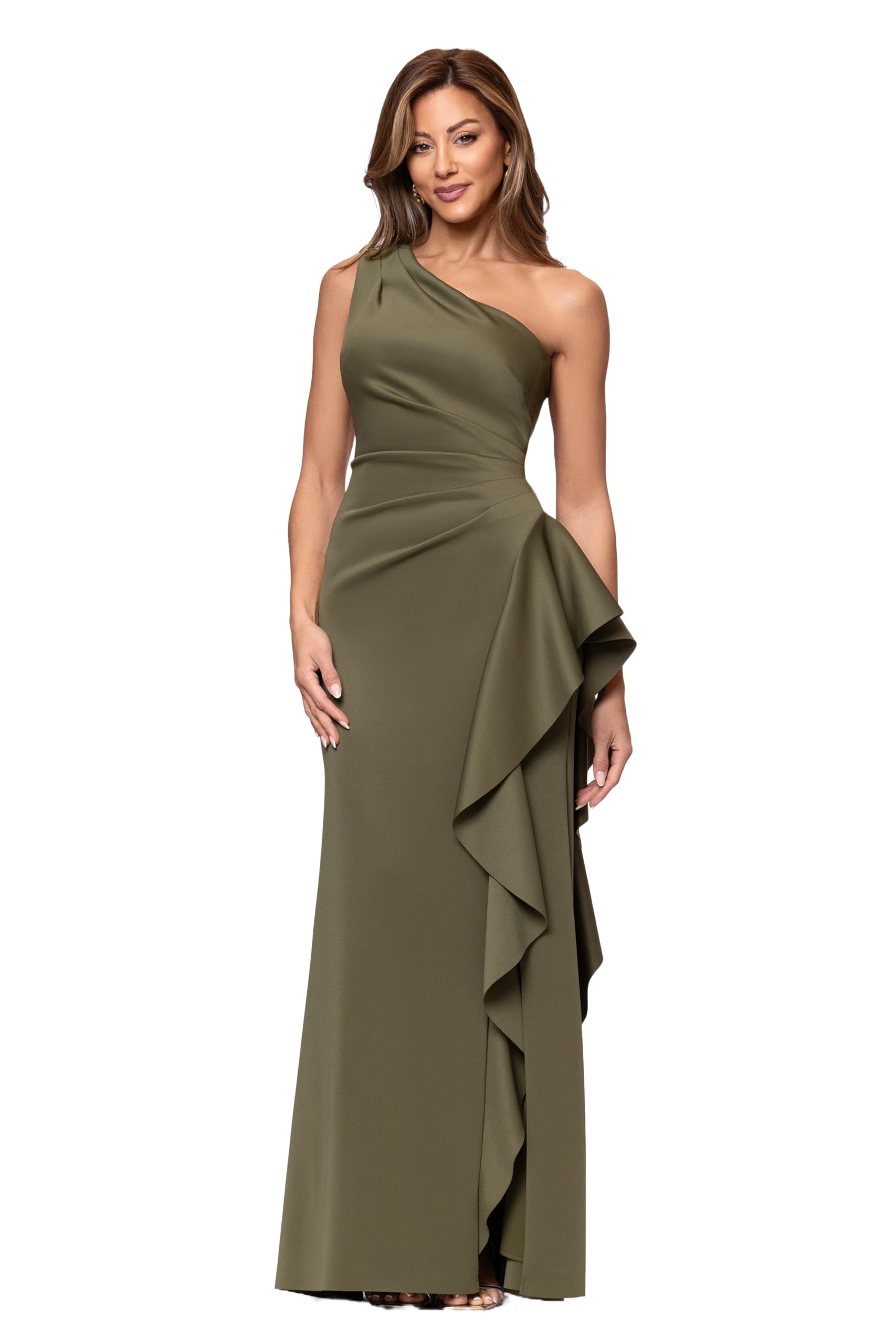 Photo 1 of Xscape Women's Techno Scuba One Shoulder Sleeveless Floor Length Dress, Olive, 6