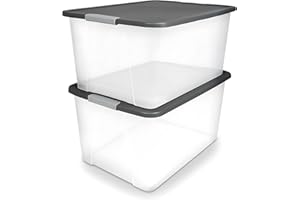 HOMZ 2-Pack Secure Latch, Clear Plastic Storage Organizer Bins, 64 Quart, Gray Lid - Heavy-Duty Container Boxes with Lids for Home, Office, and Garage