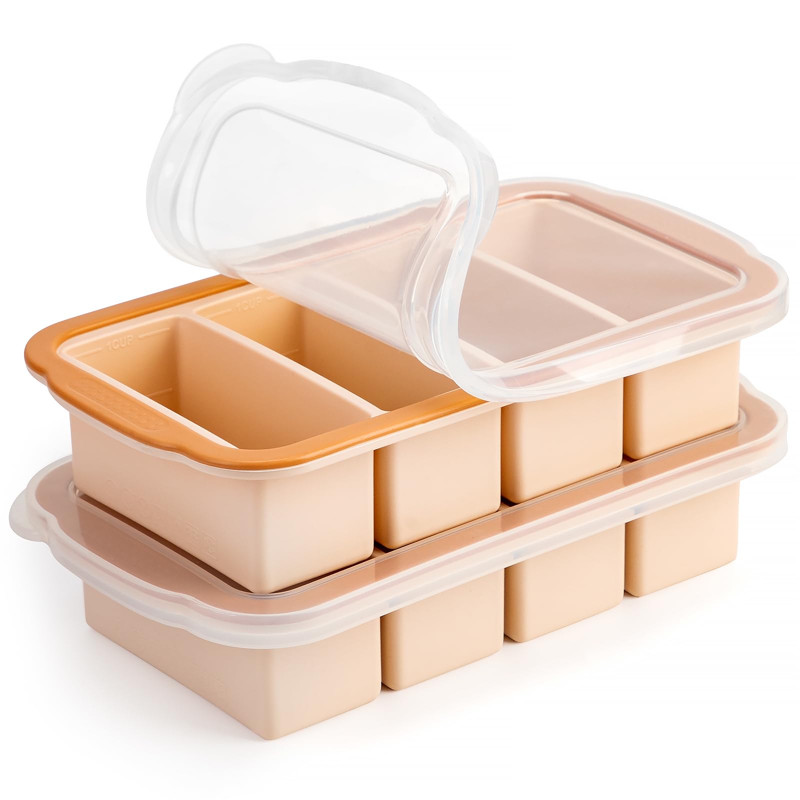 Photo 1 of 1 Cup Extra Large Silicone Ice Cube Freezing Trays with Silicone lid for saving food, Silicone Freezer Container Molds Soup Saver Trays -makes four great portions 1cup Cube(2 PACK, Rose)