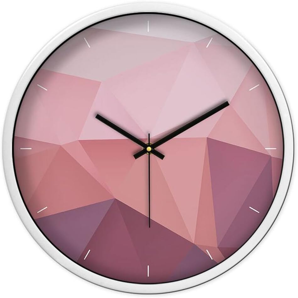 Wall Clock FJH Simple Stylish Bedroom Living Room Office Round Shape Mute Quartz 3D Pink Geometric Decorative Color : White, Size : 30.5cm (12 inches)