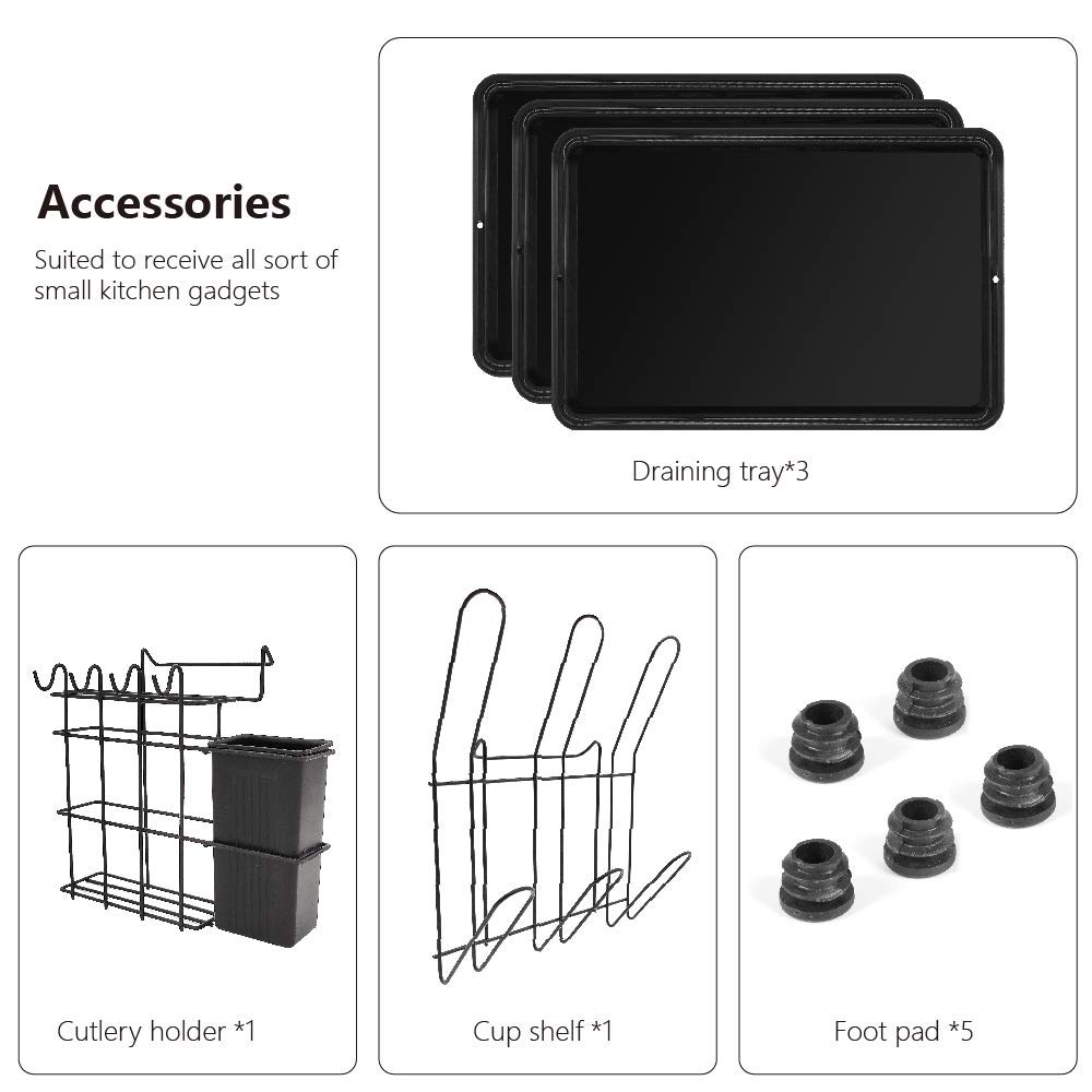 Dish Drying Rack 3-Tier Chrome Plating Dish Rack Stainless Steel Kitchen Dish Drainer Rack Organizer Tool-Free Installation With Utensil Holder/Drain Board/Bracket 3 Layers (Black, 3 tier)