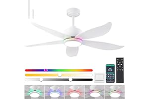 Kviflon 48" Ceiling Fans with RGB Lights and Remote/APP Control, Modern 2 Downrods Ceiling Fan Light with 5 Reversible Blades 6 Speeds, 3 Colors Dimmable+Ring RGB Lights for Bedroom Dining Room, White