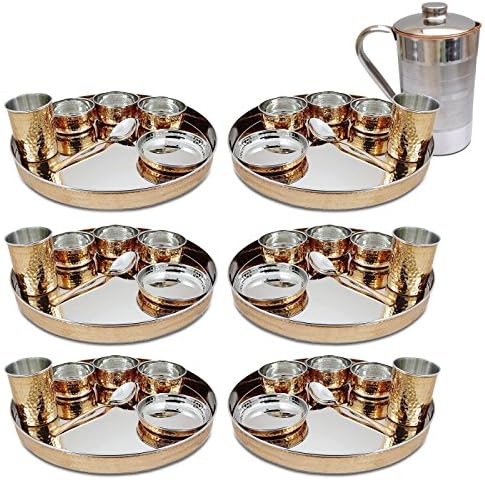 Set of 6, Indian Dinnerware Stainless Steel Copper Traditional Dinner Set of Thali Plate, Bowls, Glass and Spoon (Dia 13 Inch) With 1 Luxury Style Pitcher Jug by Panchal Creation