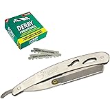 Classic Samurai CS-102N Stainless Steel Professional Barber Straight Edge Razor with 100 Count Derby Single Edge Razor Blades (Silver Light Gray)