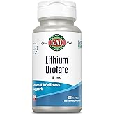 KAL Lithium Orotate 5 milligrams | Low Serving Of Chelated Lithium Orotate For Bioavailability and Mood Support | In Organic Rice Bran Extract Base | 120 VegCaps