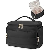 WANDF Travel Toiletry Bag for Women, Wide-open Large Makeup Bag with Handle, Puffy Makeup Organizer for Toiletries, Cosmetics, Accessories, Essentials (Black)