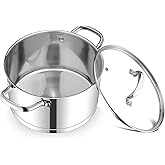 TeamFar 6QT Stainless Steel Stock Pot, Tri-ply Base Cooking Pasta Sauce Soup Pot with Glass Lid for Induction/Gas/Ceramic Stoves, Transparent Cover & Double Handles, Heavy Duty & Dishwasher Safe