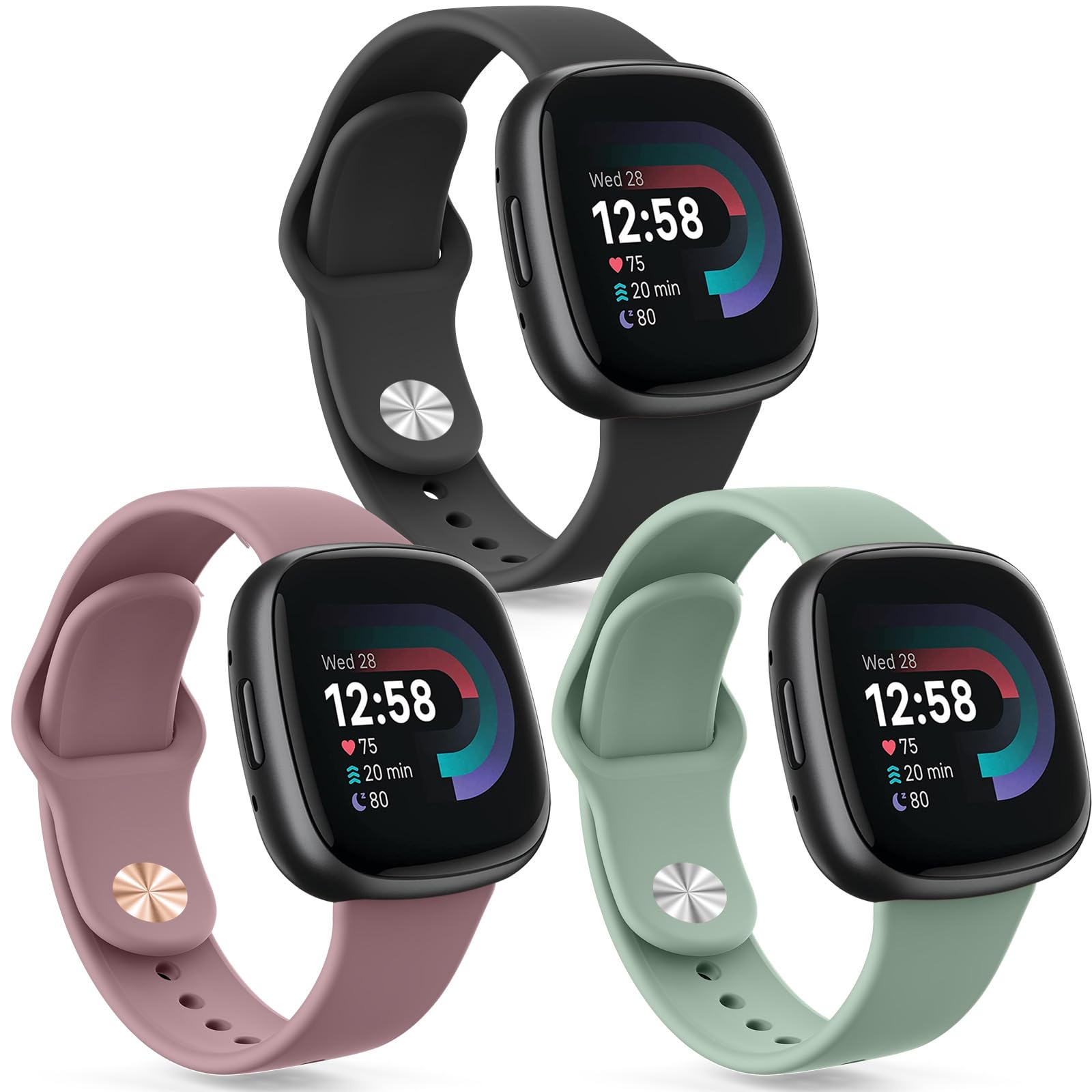 Fitbit Versa 3/4 and Sense/Sense 2 Strap for Women Men - New Buckle Soft Silicone Adjustable Replacement Band (Black, Smoke Purple, Olive Green)