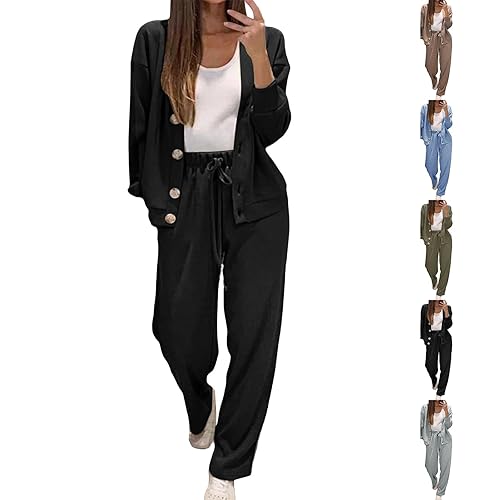art set,Lounge Wear Sets For Women UK Winter Autumn Full Set Wear 2 Piece Tracksuit Women's Clothing Ladies Fall Soild Color Button Down Shirts Drawstring Pants,gym tops women,XL Black