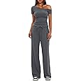 Darong Women's 2 Piece Outfits Lounge Sets Off Shoulder Short Sleeve Tops and High Waisted Wide Leg Pants Tracksuit Sets