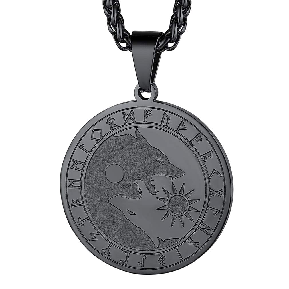FaithHeart Black Plated Yin-Yang Necklace Nordic Wolf Pendant Norse Mythology Jewellery Stainless Steel Viking Charm Fenrir Gifts for Brothers Son