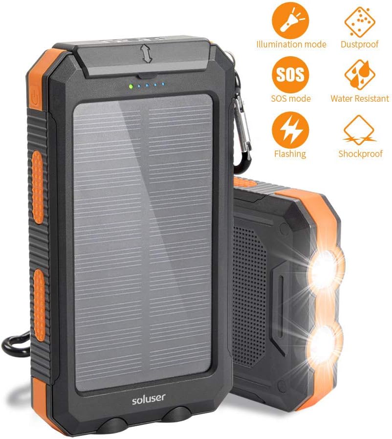 Solar charger Soluser 10000mAh Portable Solar Power Bank, IP67 Waterproof Dual USB Ports Battery Bank with 2 LED Flashlight, Compass for smart Phone, cell Phone, iPhone, Samsung, lg phone and More