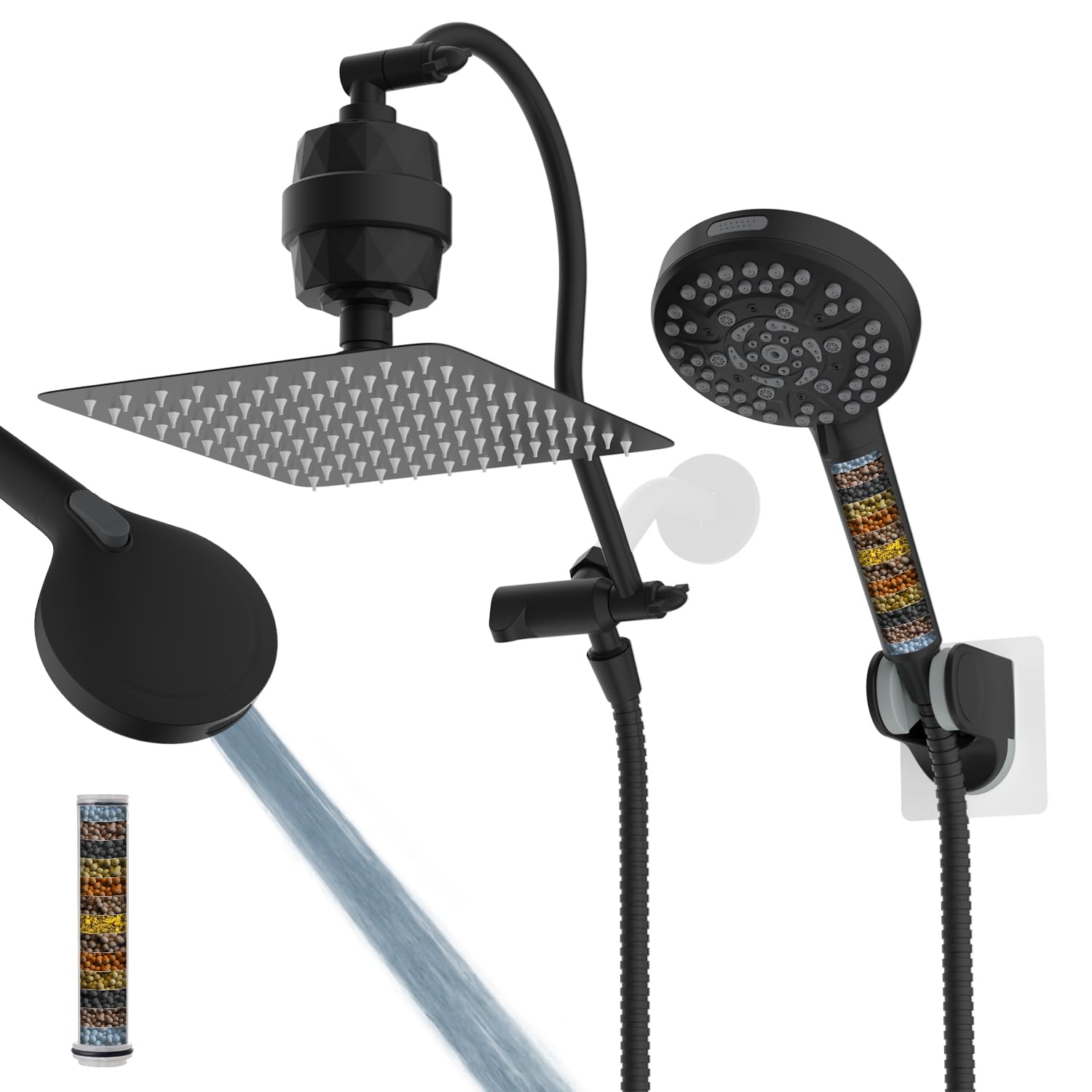 Photo 1 of Hibbent All Metal 10'' Dual Filtered Rainfall Shower Head Combo, High Pressure Handheld Shower Head with 12'' Adjustable Curved Extension Arm, 20 Stage Shower Filter, 10-spray, 71'' Hose, Matte Black