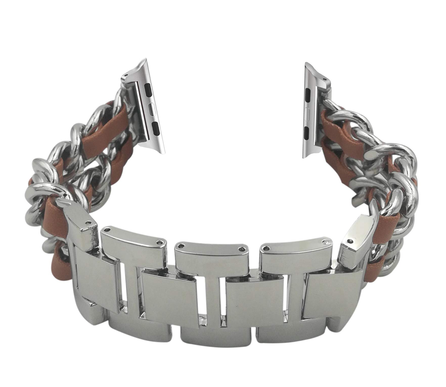 MaKTech Cowboy Style Bracelet Alloy Winding Leather Band Compatible with Apple Watch Series 7/6/SE/5/2021 (42mm/41mm/40mm,Silver/Brown)