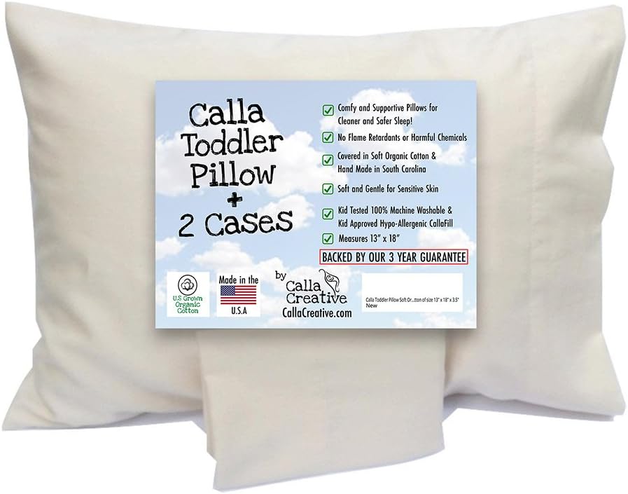 Calla Toddler Pillow Soft Organic Cotton of size 13" x 18" x 3.5" Bundle with 2 Pack Calla Toddler Pillowcases, Organic Egyptian Cotton: Certified - 13" x 18"