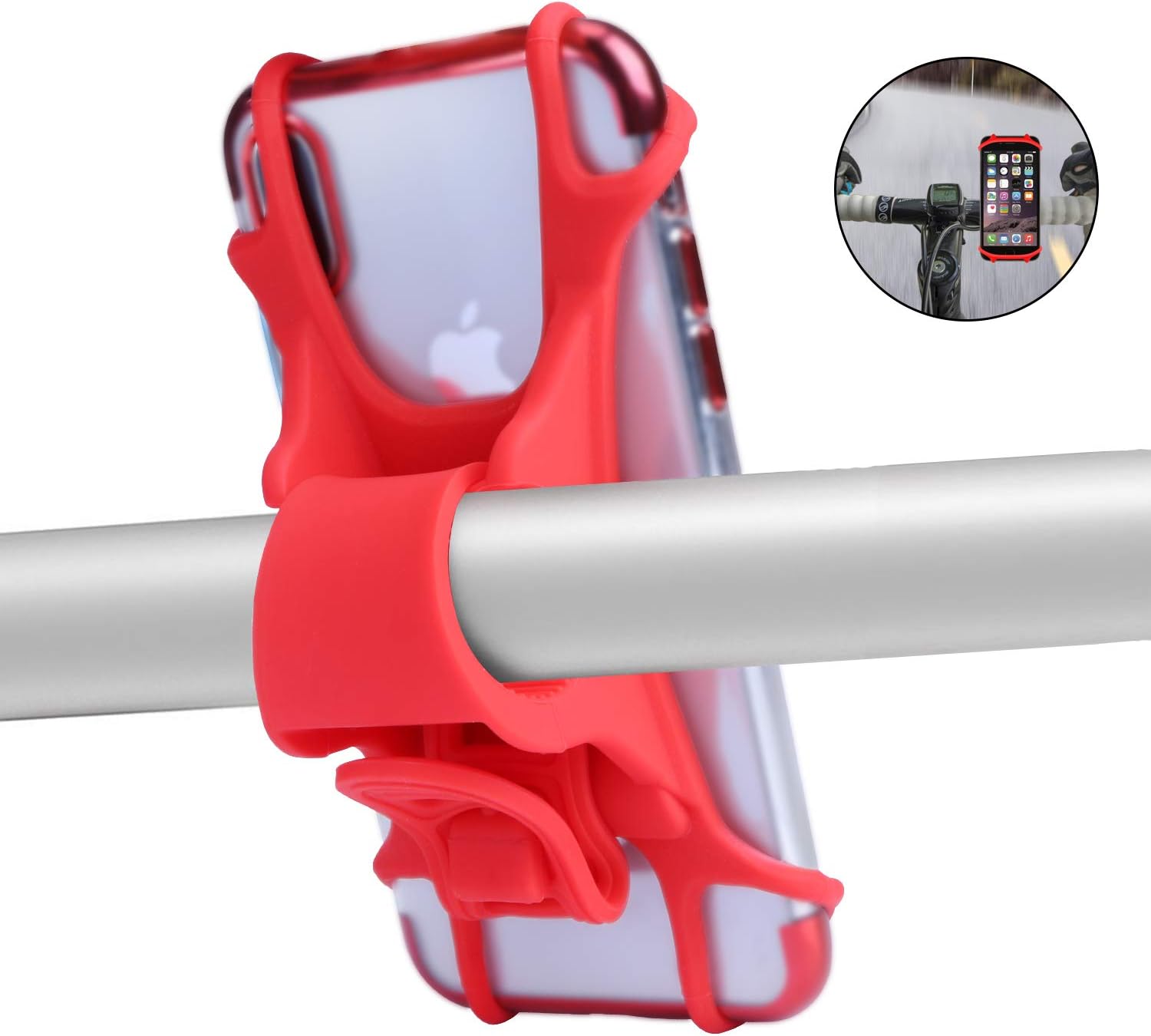 Bike Mobile Phone Mount, Anti-Shake Non-Slip Silicone Universal Bicycle Phone Holder for Road Bike Motorbike Scooter Pushchair Cradle Clamp, Compatible iphone Samsung Google Sony Huawei LG (Red)