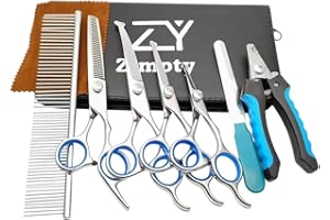 Zimpty 7 Pieces Professional Curved, Thinning, Straight Scissors, Comb, Nail Clipper, and Nail File Assorted Kit for Pet Dogs & Cats, Dog Grooming Scissors Tool Kit with Safety Round Tips