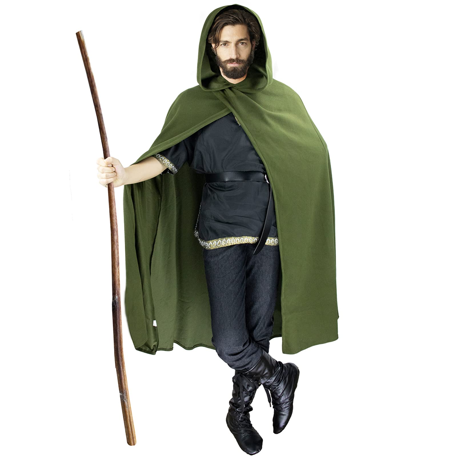FSUJWOA Renaissance Hooded Cape Medieval Costumes with Hood Cloak Halloween Costume (Green, Style-1)