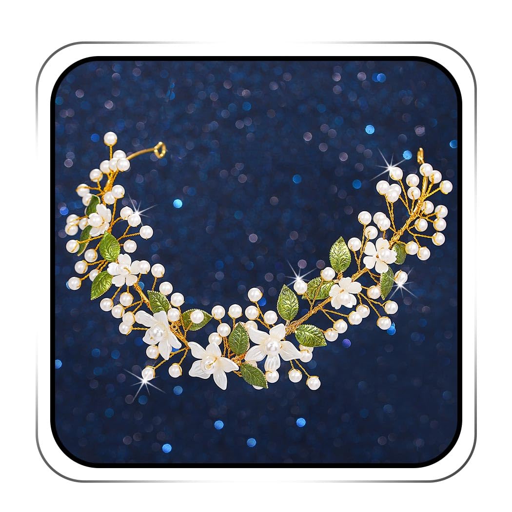 IYOU Flower Fairy Headband Gold Pearl Elf Crown Headpiece Leaf Bridal Wedding Costume Hair Accessories for Women