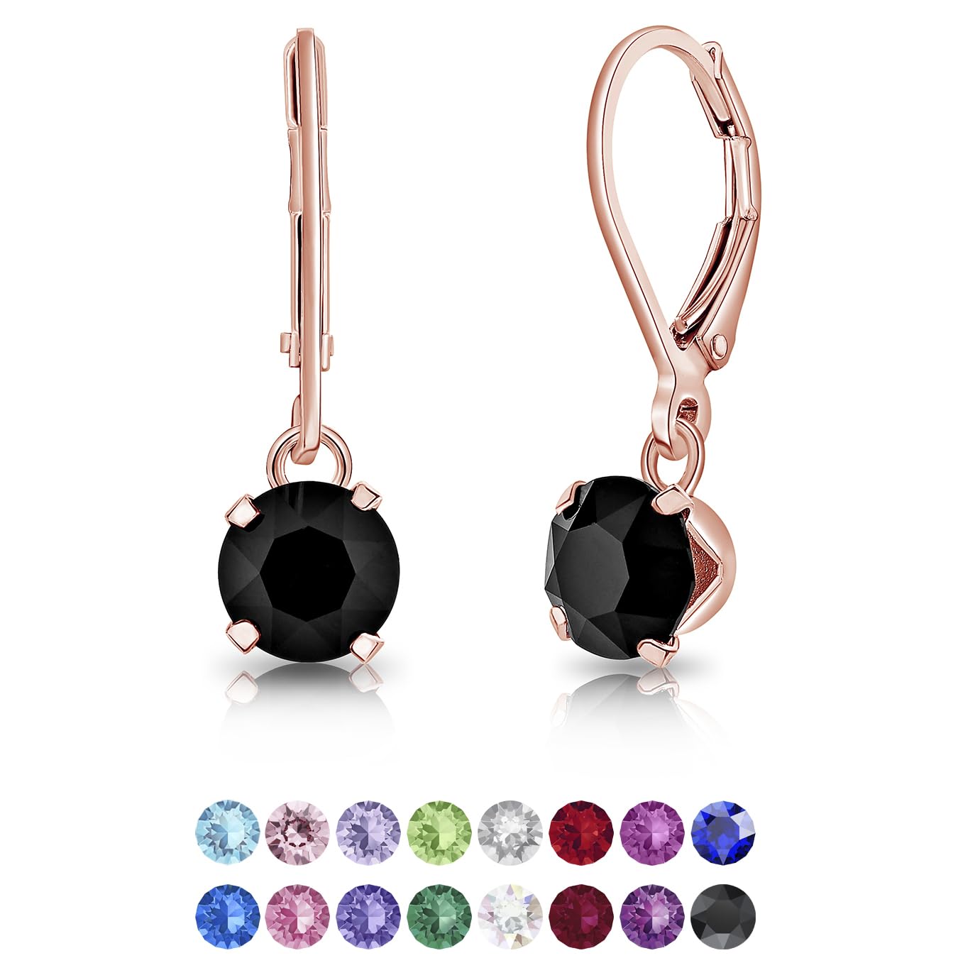 DTPSilver - 925 Sterling Silver Rose Gold Plated Round Dangle Leverback Earrings made with Glittering Crystals from Swarovski® Elements - Diameter: 6 mm - Colour : Black
