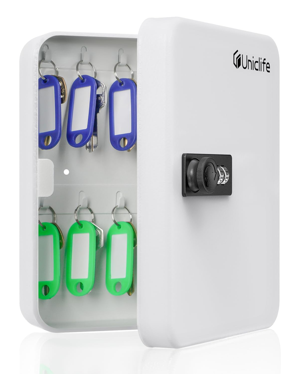 Uniclife 20 Position White Key Cabinet with Combination Lock Resettable Black Digital Security Storage Box Steel Key Organizer with Colorful Key Tag Labels Stickers and Hooks