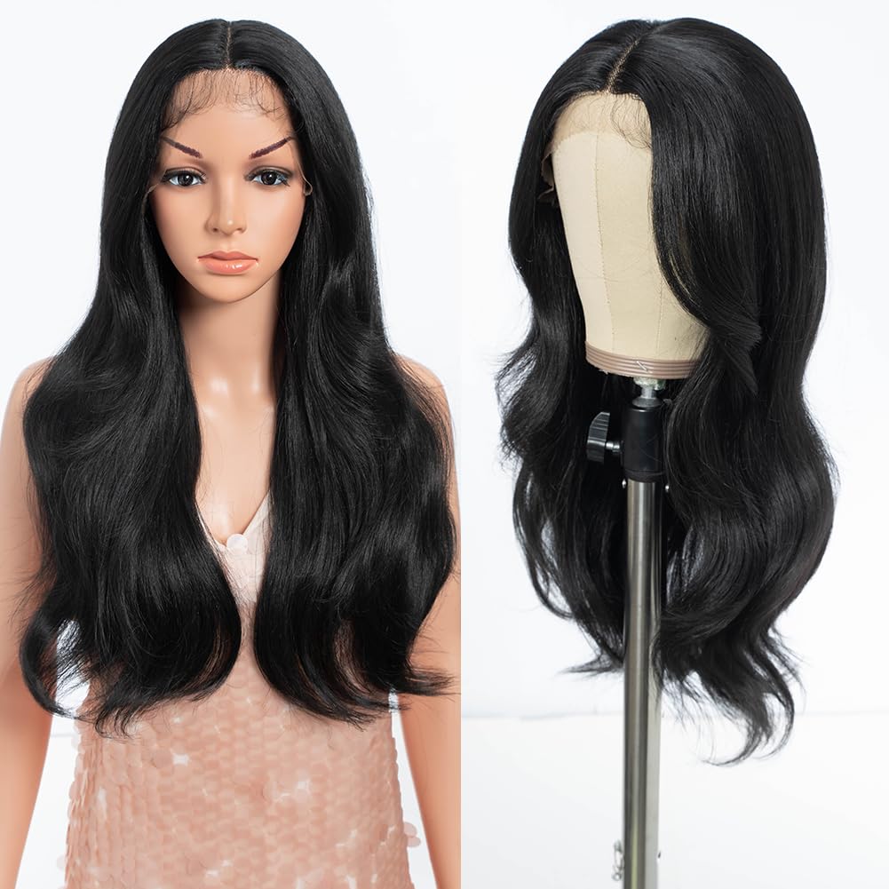 Style Icon Synthetic Lace Front Wig with Curtain Bangs 24 inch Long Wave Wig for Women Layered Wigs with Bangs Pre Plucked with Baby Hair 13x4x1 Middle Part 150% Density (Color:1B)