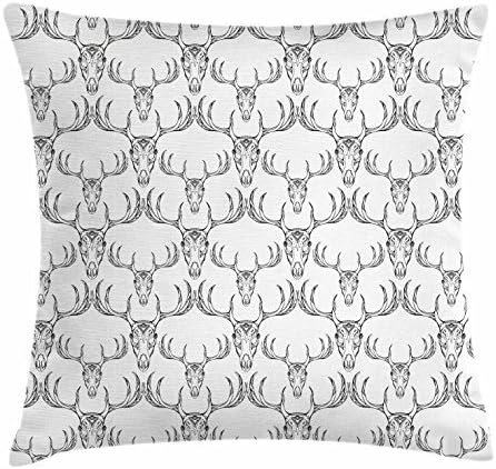 Antlers Throw Pillow Cushion Cover, Bohemian Style Hand Drawn Deer Skull with Horns Ethnic Tribal Artistic Doodle, Decorative Square Accent Pillow Case, 18 X 18 Inches, Black White