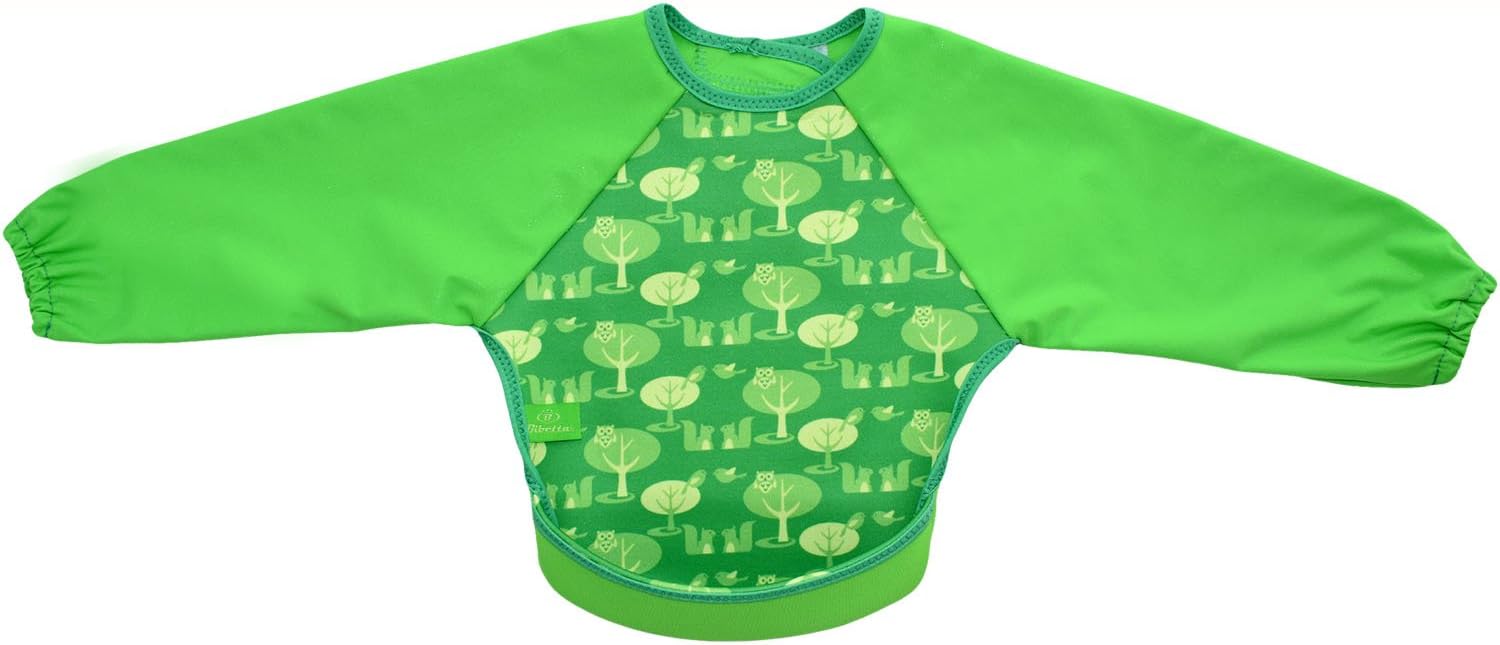 Long Sleeved Weaning Bib - Bibetta UltraBib Waterproof Washable Neoprene Feeding Baby Bib with Wide Crumb Catcher Pocket 6 Months + (Green Owl)