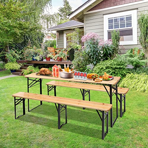 VINGLI Folding Picnic Tables with Benches Set, WeatherResistant Wooden