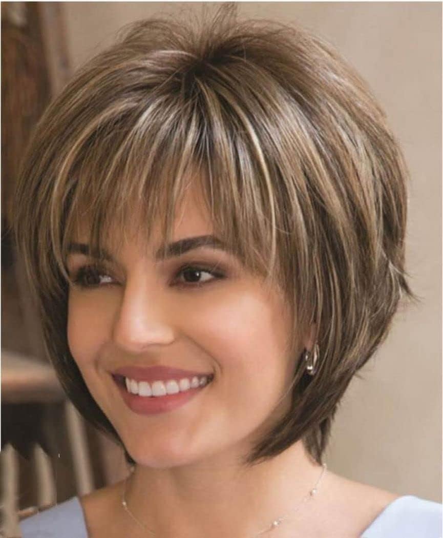 AIYLMZ Short Curly Layered Pixie Cut Synthetic Wigs with Wigs Cap for Women (Brown Mixed Blonde)