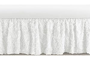 Sweet Jojo Designs White Floral Rose Girl Baby Nursery Crib Bed Skirt Dust Ruffle - Solid Flower Luxurious Elegant Princess Vintage Boho Shabby Chic Luxury Glam High End Roses